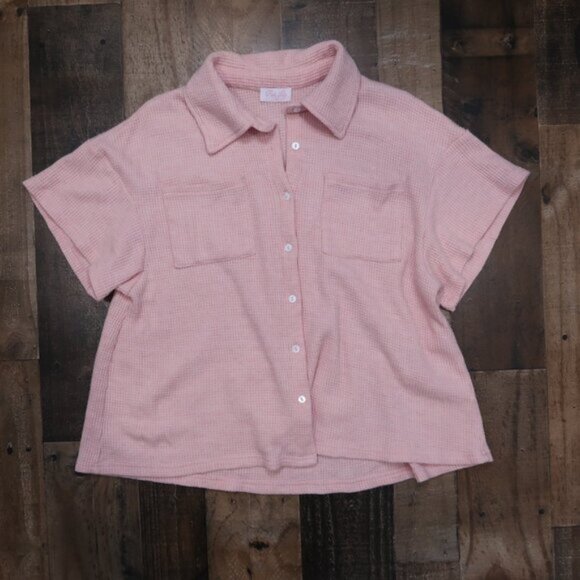 Pink Lily Large 2 Piece Pink Waffle Knit Button Up Top w/ Shorts Coordinate Set - Picture 3 of 8